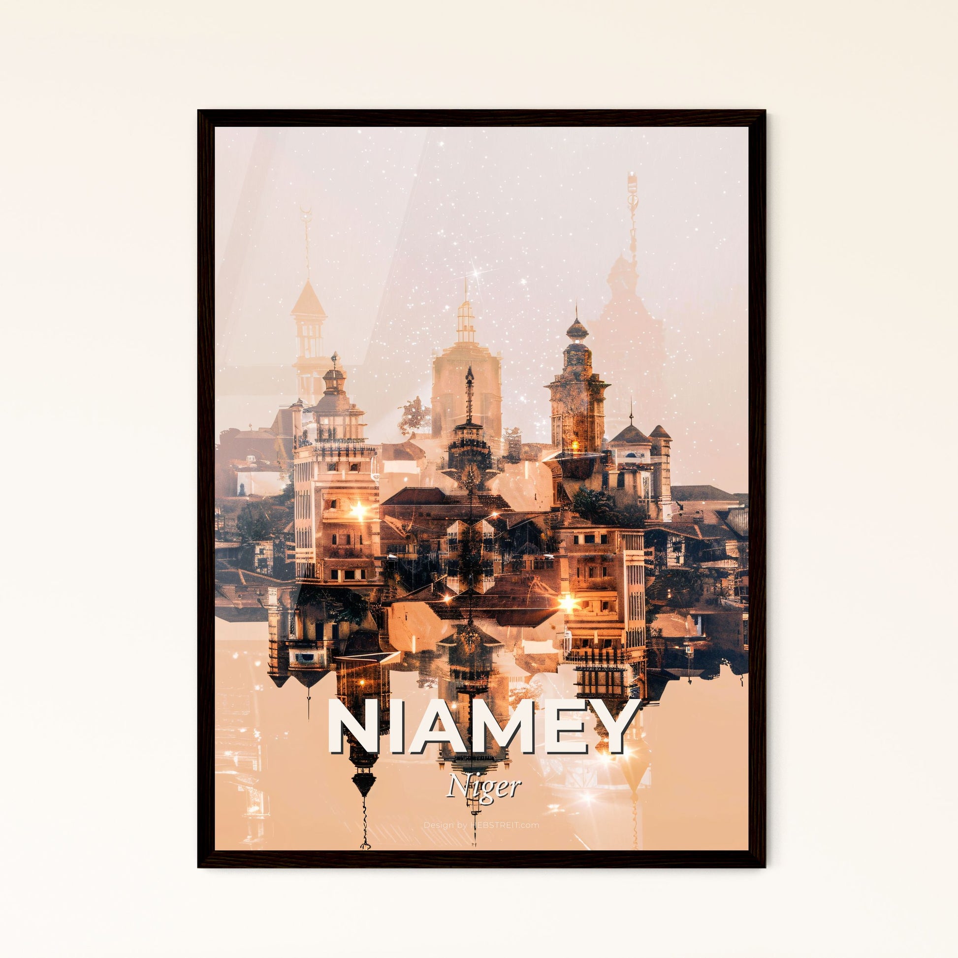 Niamey Skyline Double Exposure Art Poster - A city with many buildings reflected in water