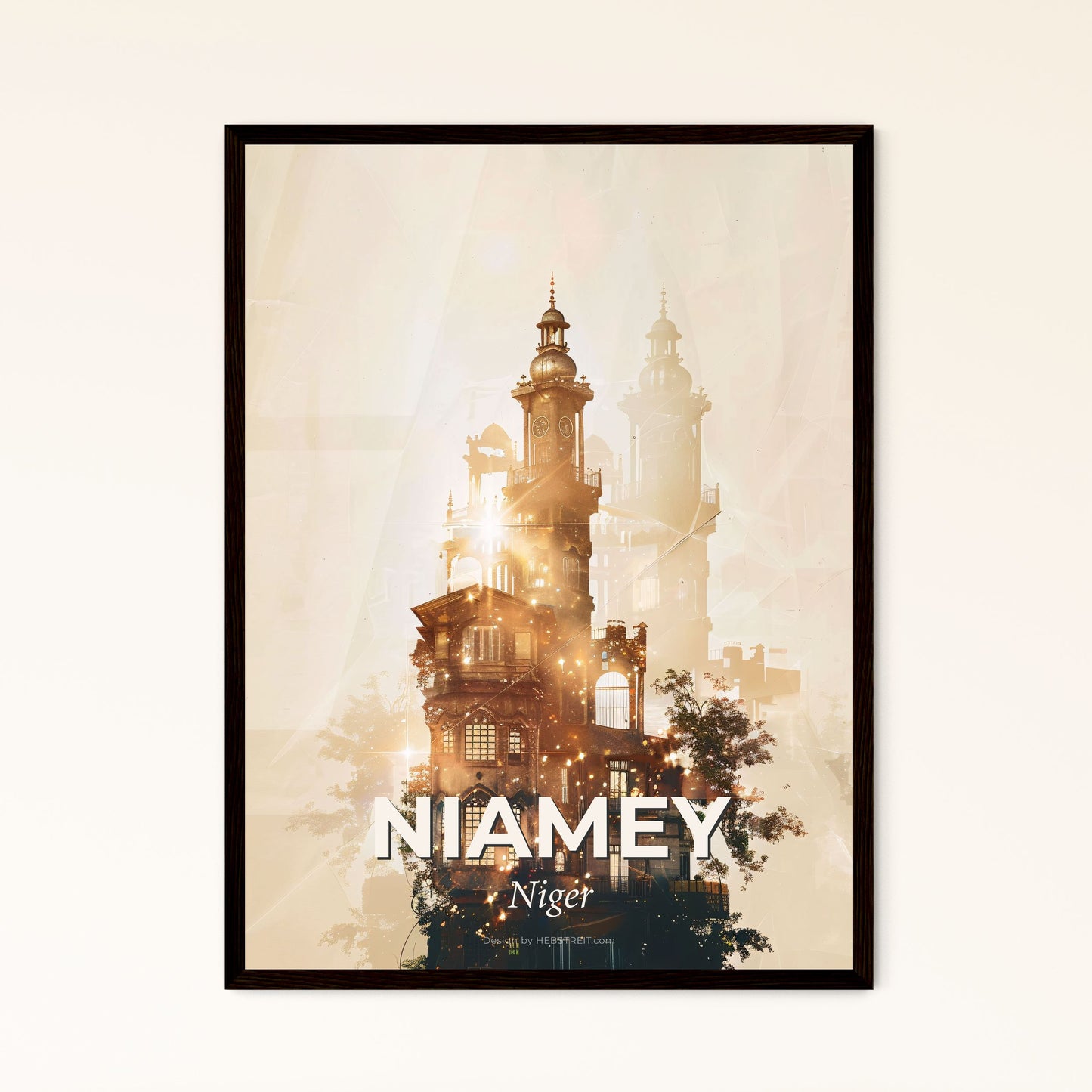 Niamey City Skyline Double Exposure Poster - A building with a tower and a tree