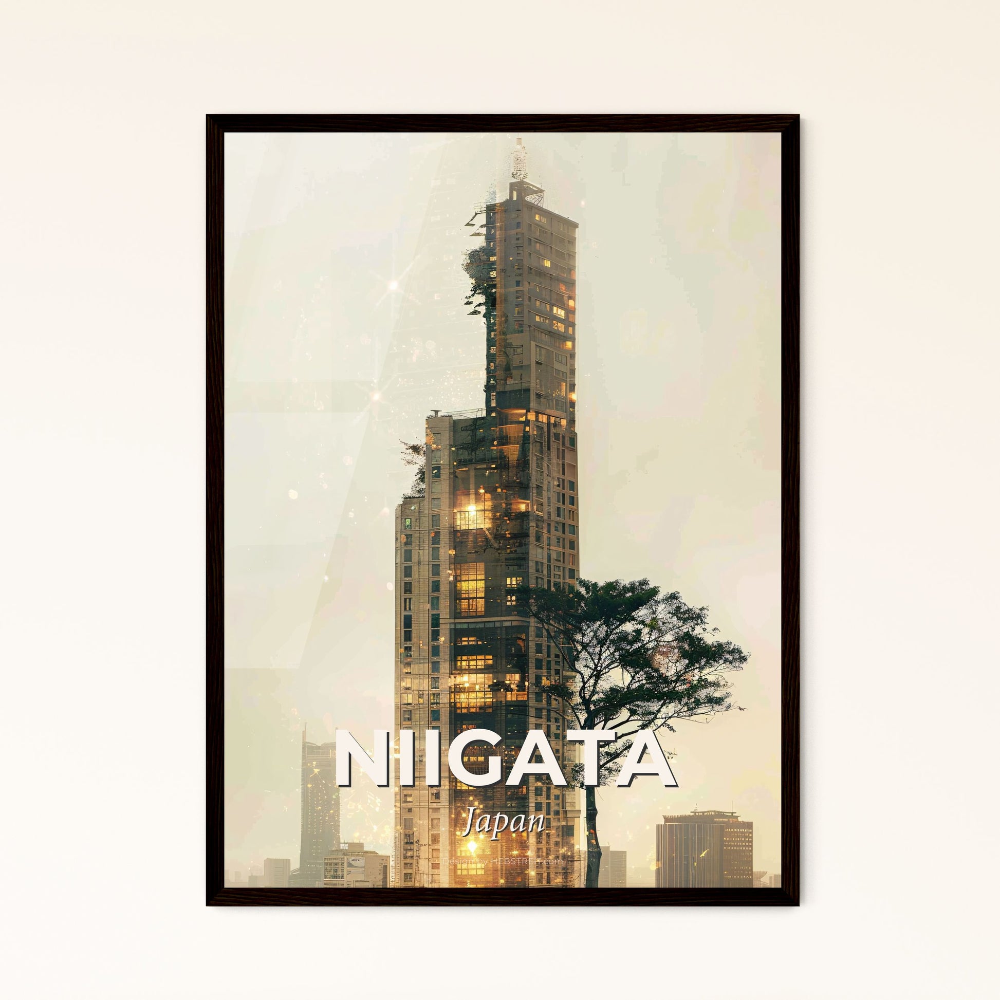 Niigata Skyline Double Exposure Poster Art - A tall building with a tree in front of it