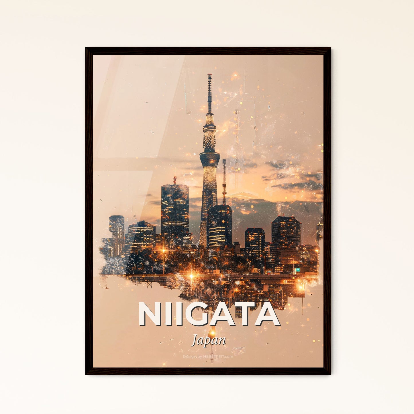 Niigata Skyline Double Exposure Composite Art - A city skyline with a tall tower