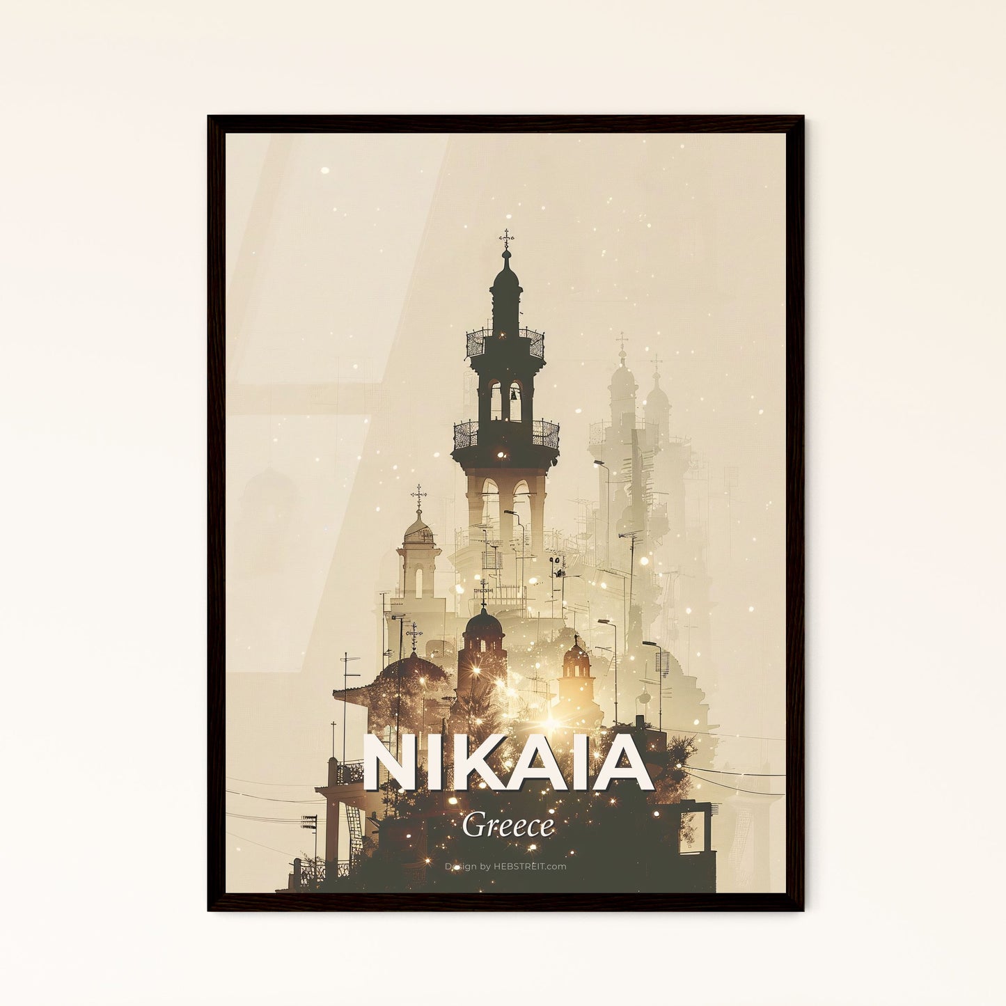 Nikaia: City Skyline Silhouette Composite Art Poster - A building with a tower and a tree