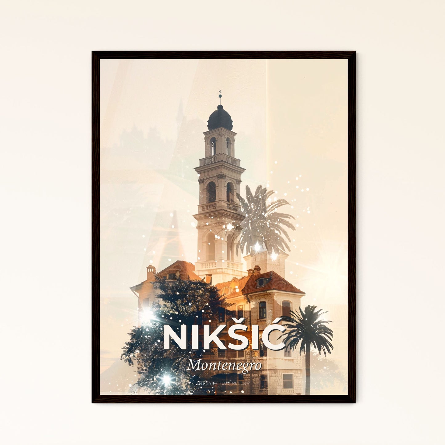 Nikšić, Montenegro: Double Exposure City Skyline - A building with a tower and palm trees