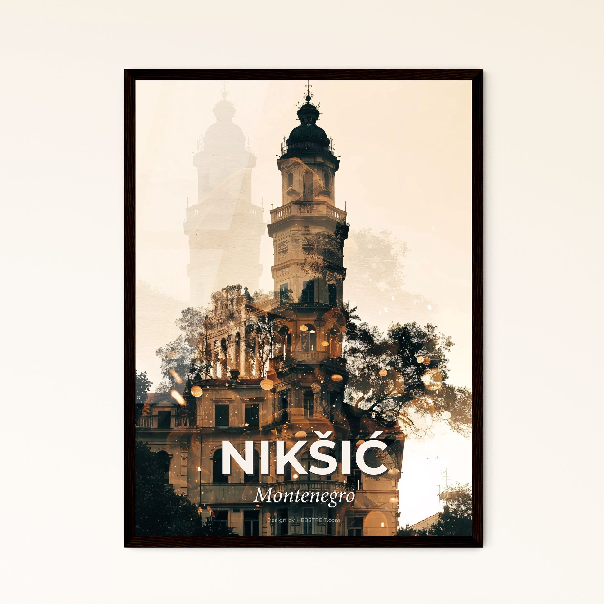 Nikšić, Montenegro: City Icons Skyline Art - A building with a tower and trees