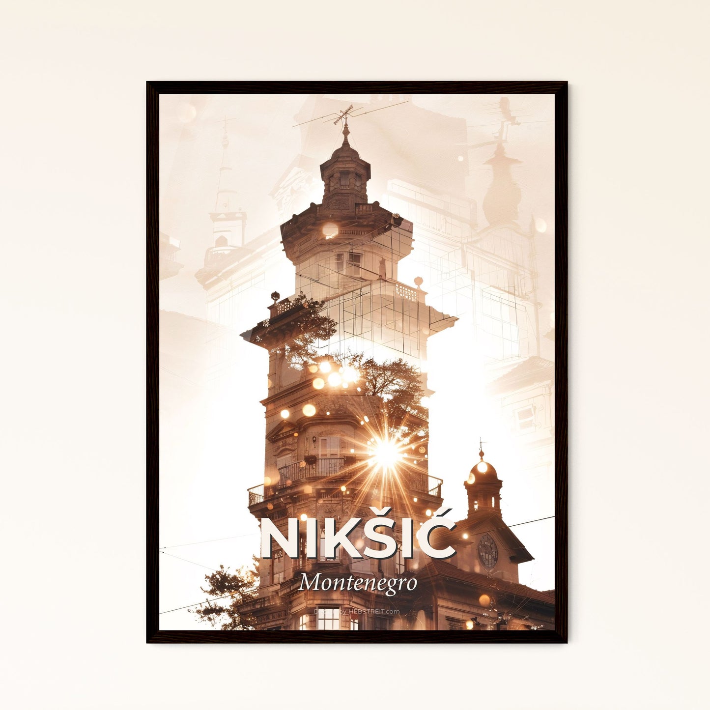 Nikšić Skyline Double Exposure Art - A building with a tree in front of it