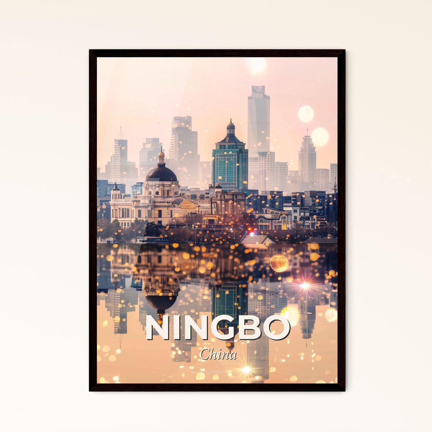 Ningbo Skyline Double Exposure Art Poster - A city skyline with water reflection