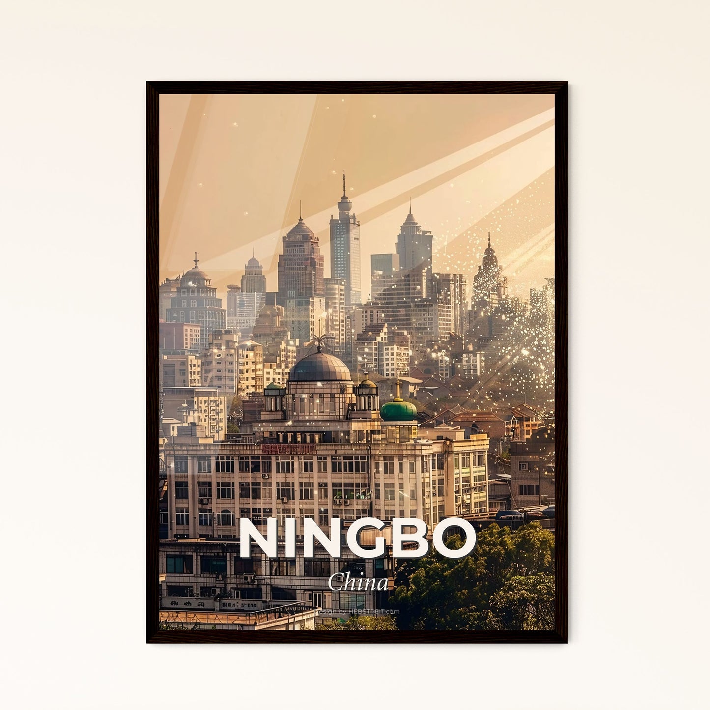 Ningbo City Skyline Double Exposure Poster Art - A city with many buildings and a sun rays