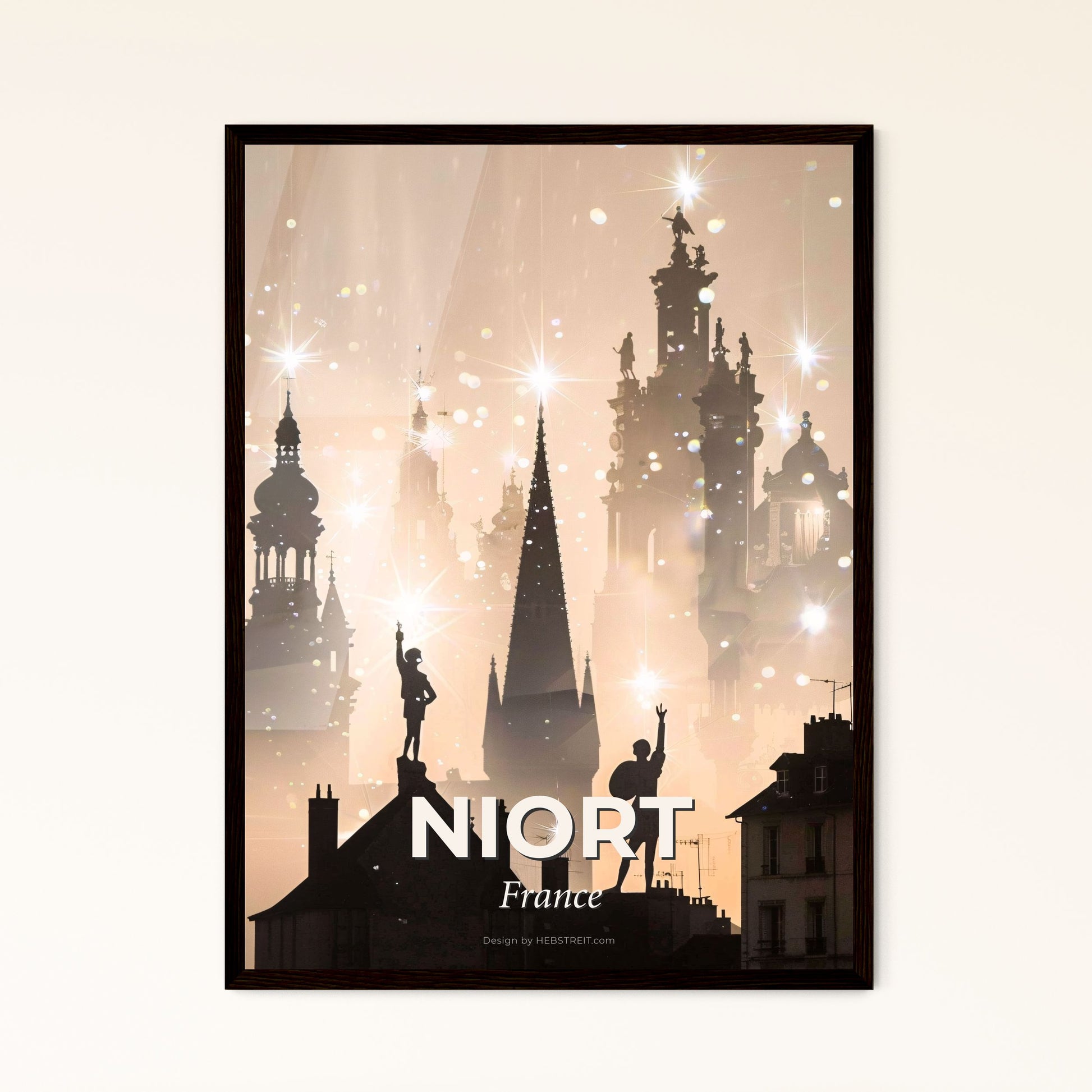 Niort City Skyline Composite Art Bright Poster - A silhouette of a man standing on a roof with buildings and stars