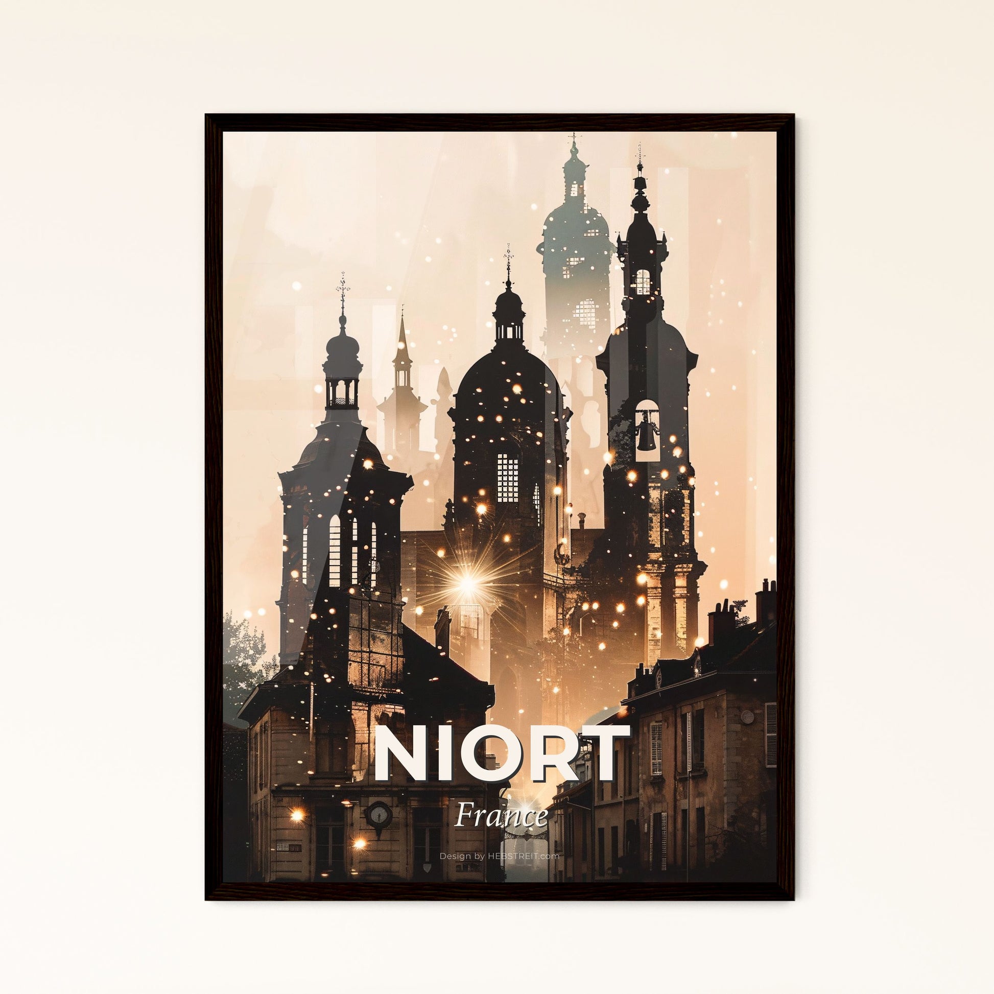 Niort France City Skyline Poster Minimalistic Art - A city with buildings and a street with lights