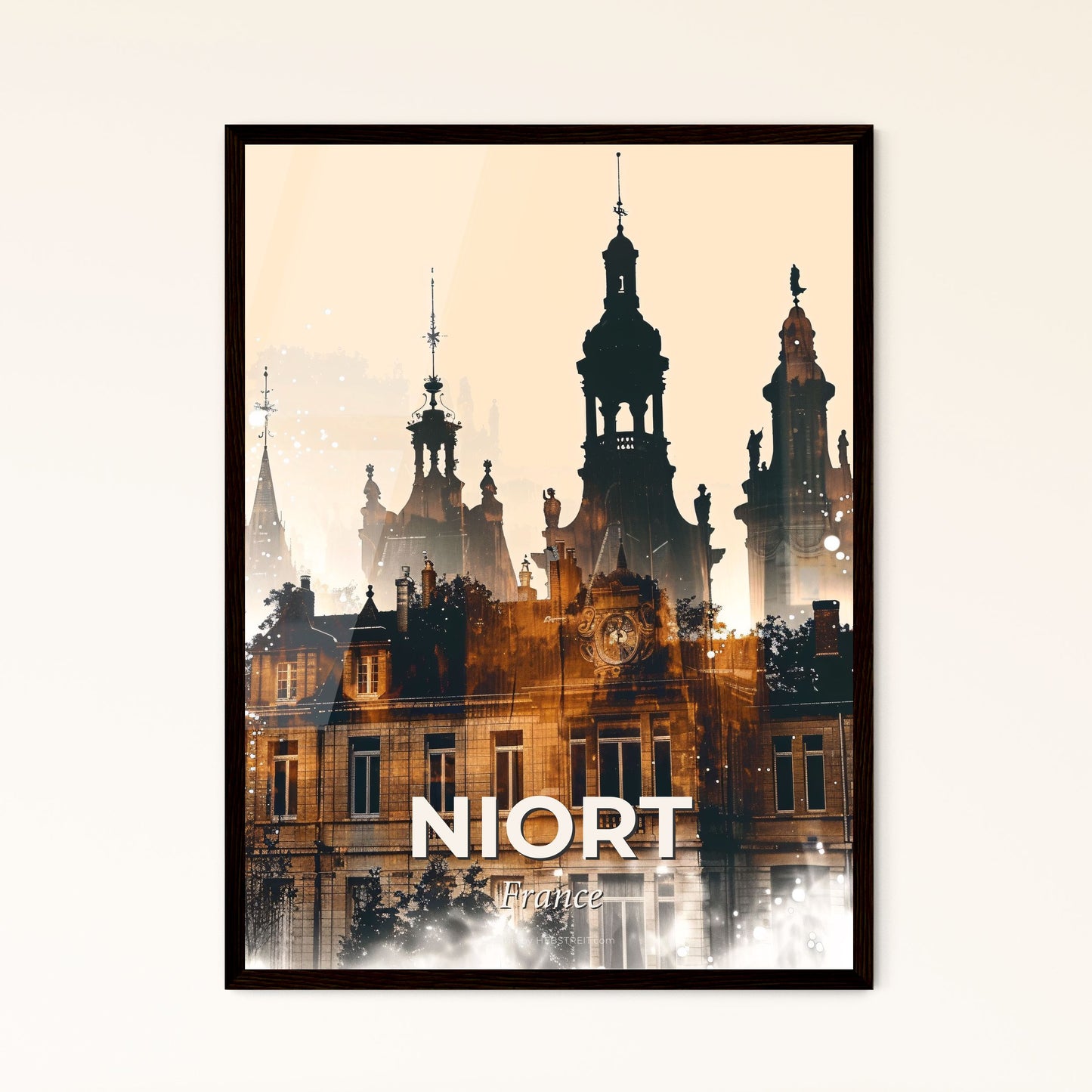 Niort Skyline Composite City Glow Poster Art - A building with towers and spires