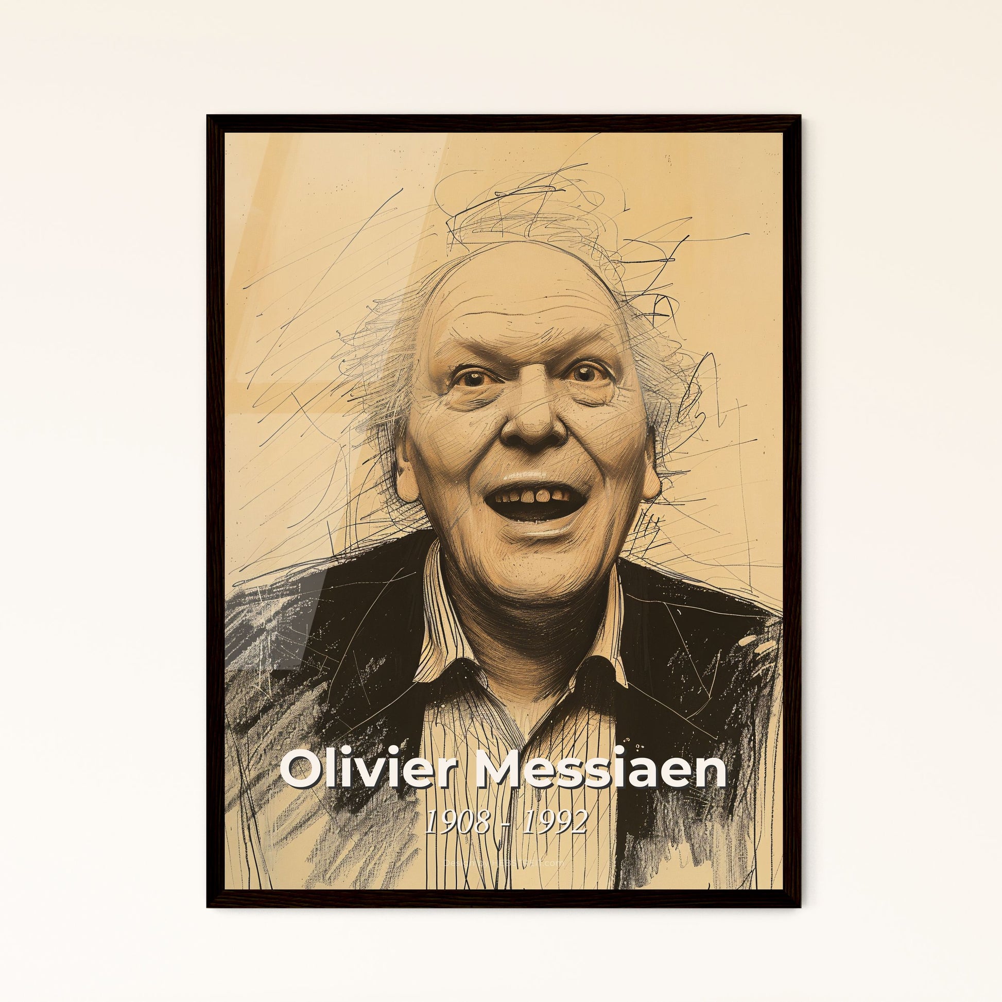 Captivating Portrait of Olivier Messiaen: A Vibrant Tribute to Rhythm, Harmony & Nature’s Melodies in Contemporary Art