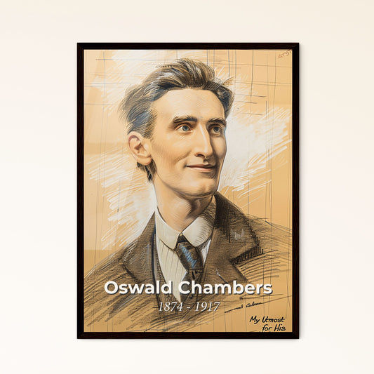 Oswald Chambers: Illuminated Legacy - Contemporary Portrait on Beige, Unconventional Lines & Highlights, Perfect for Home Décor.