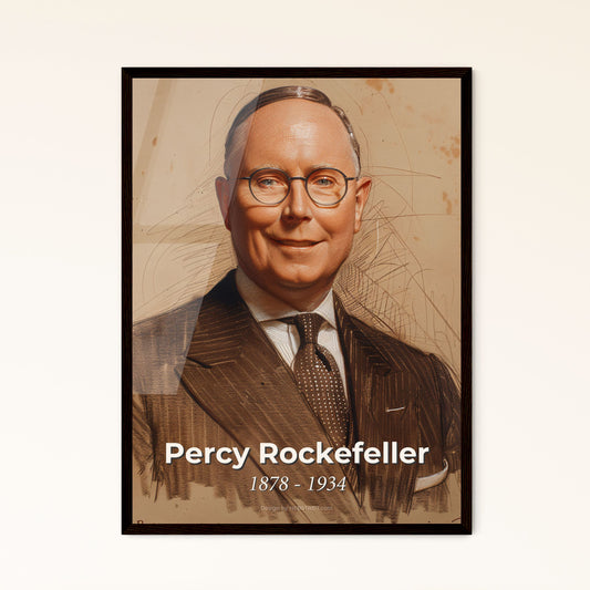 Elegant Portrait of Percy Rockefeller: Dynamic Contemporary Art Print on Beige, Perfect for Home Decor or Timeless Gift