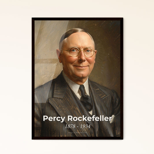 Captivating Portrait of Percy Rockefeller: An Elegant Tribute to a Banking Visionary - Contemporary Art Print on Beige Background