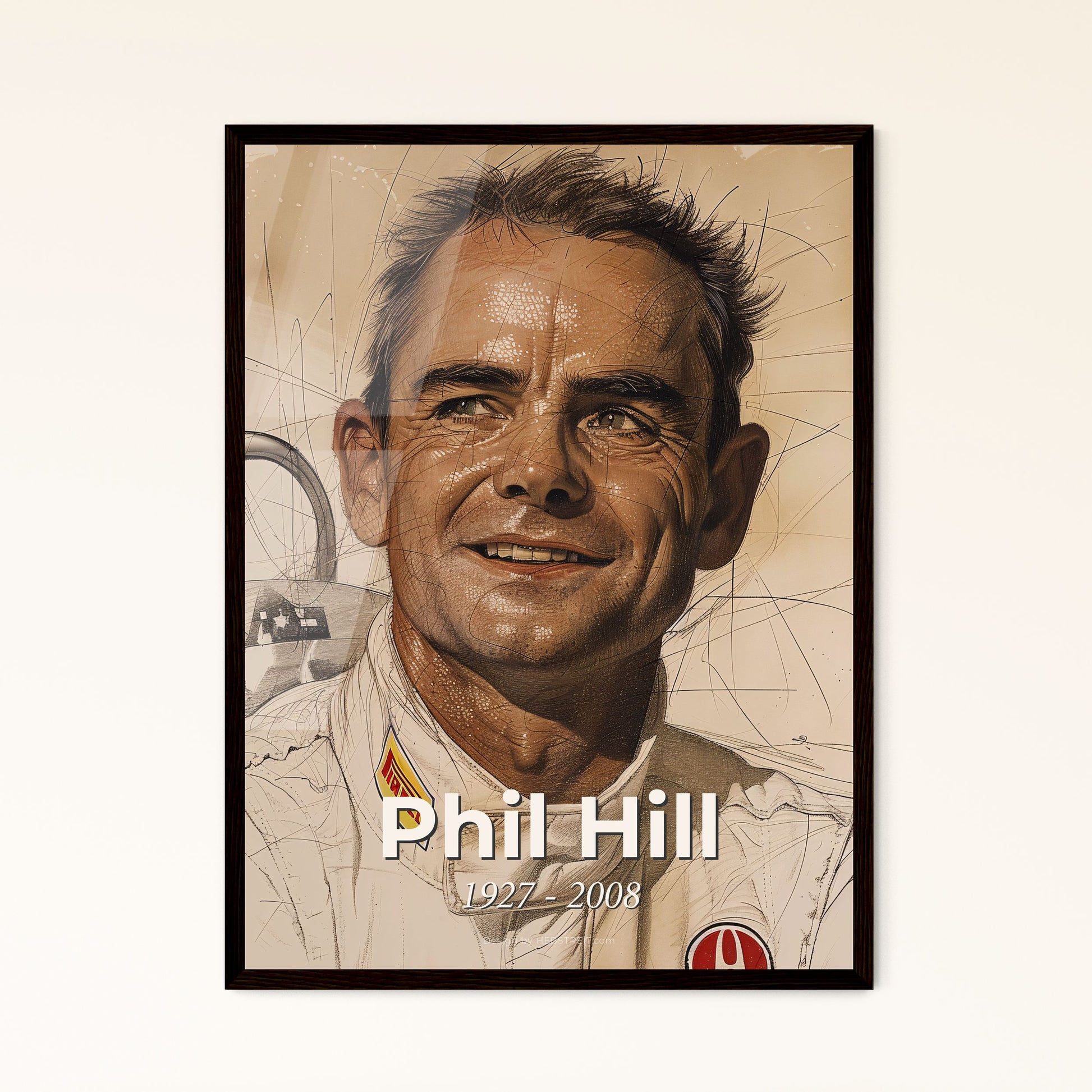 Elegant Tribute to Phil Hill: The First American F1 Champion – Contemporary Art Print for Timeless Home Décor