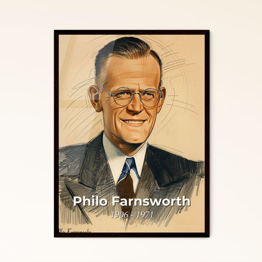 Philo Farnsworth: The Visionary Inventor - Contemporary Art Portrait with Dynamic Lines on Beige, Perfect for Home Decor Gifts!