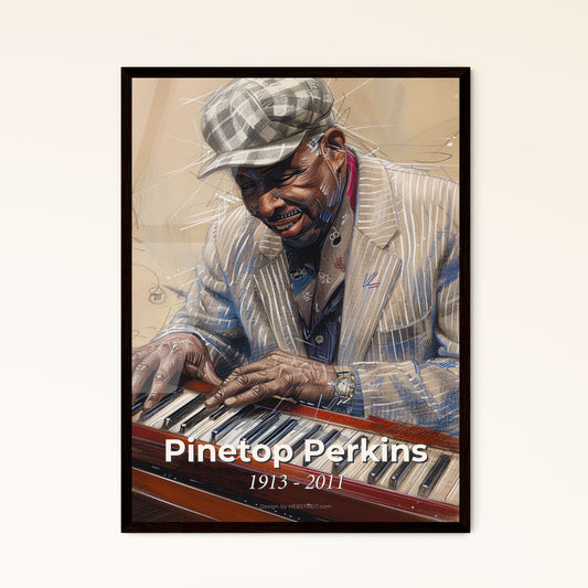 Dynamic Tribute to Pinetop Perkins: A Contemporary Boogie-Woogie Portrait on Beige, Framed Elegance for Home Décor