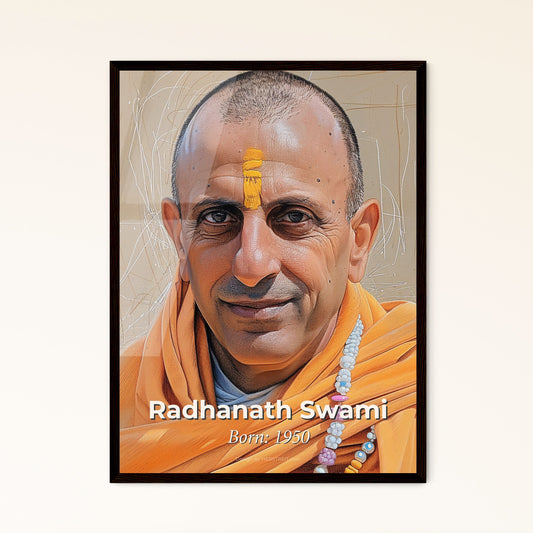 Radhanath Swami: Contemporary Art Portrait - Dynamic Spiritual Essence on Beige, Perfect for Home Decor or Meaningful Gifts