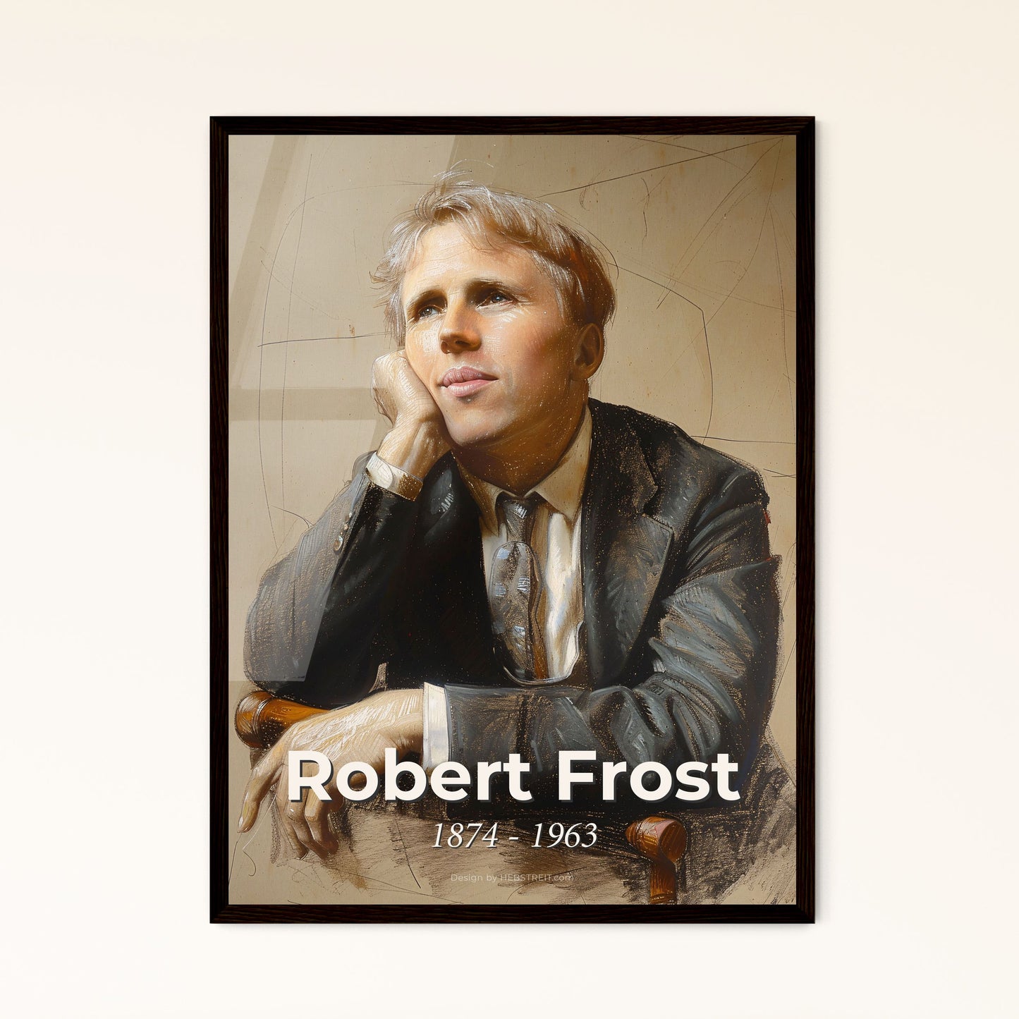 Whimsical Portrait of Robert Frost: A Contemporary Ode to Rural Life, Captured in Dynamic Lines and Subtle Hues on Beige