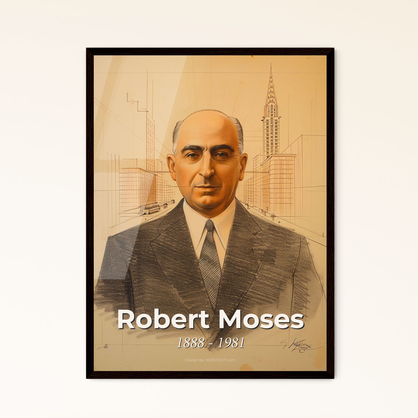 Dynamic Tribute: Robert Moses - Visionary Urban Planner | Contemporary Art Print with Elegant Hatching on Beige Background