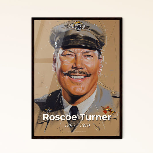 Exquisite Portrait of Aviator Roscoe Turner: Dynamic Artistry with Lion Mascot on Luxurious Beige - Perfect Gift for Home Decor