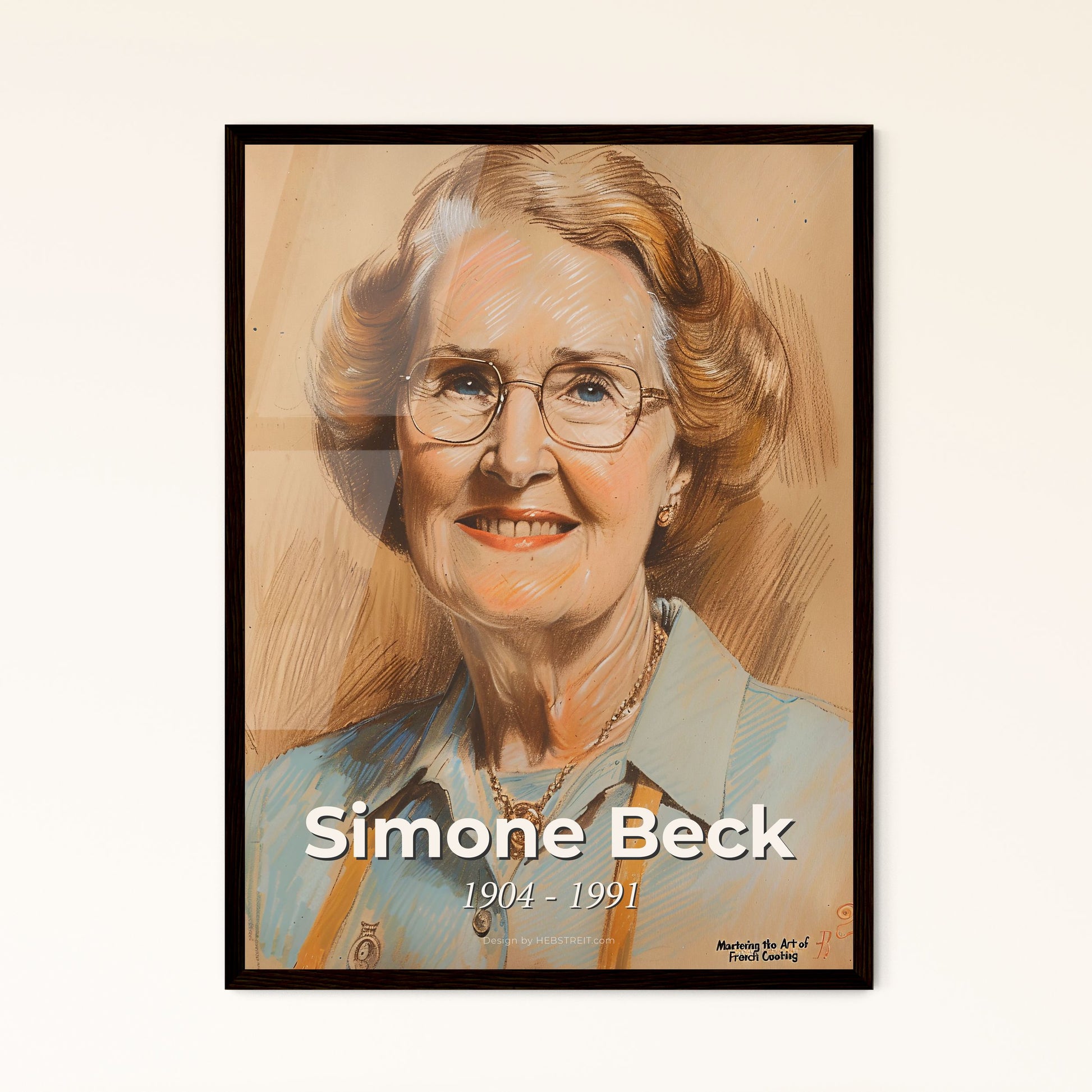 Captivating Portrait of Simone Beck: Celebrated Chef & Cookbook Author - Contemporary Art Print on Elegant Beige Background