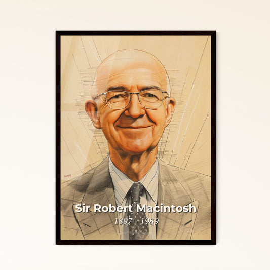 Elegant Portrait of Sir Robert Macintosh, Innovator of Anesthesia: A Modern Art Tribute on Luxe Beige with Dynamic Hatching