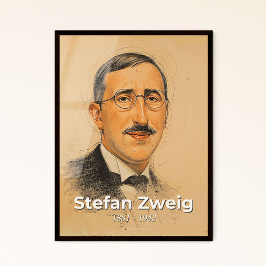 Elegant Portrait of Stefan Zweig: Contemporary Art Print on Beige, Dynamic Hatching & Unique Perspective - Perfect for Home Decor