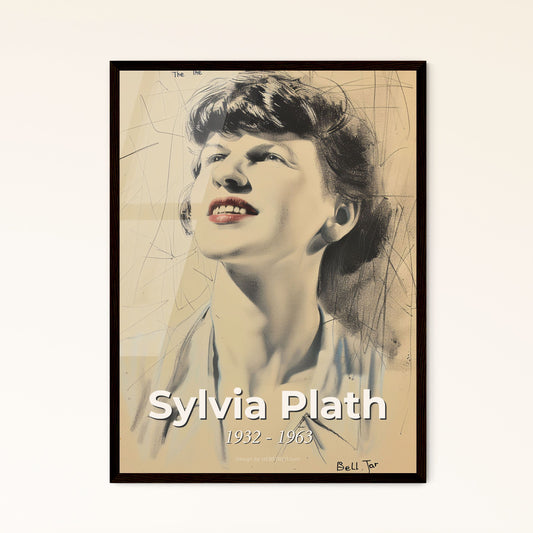 Captivating Sylvia Plath Portrait: Contemporary Art Print - Smiling, Confessional Essence in Soft Hues on Beige Background