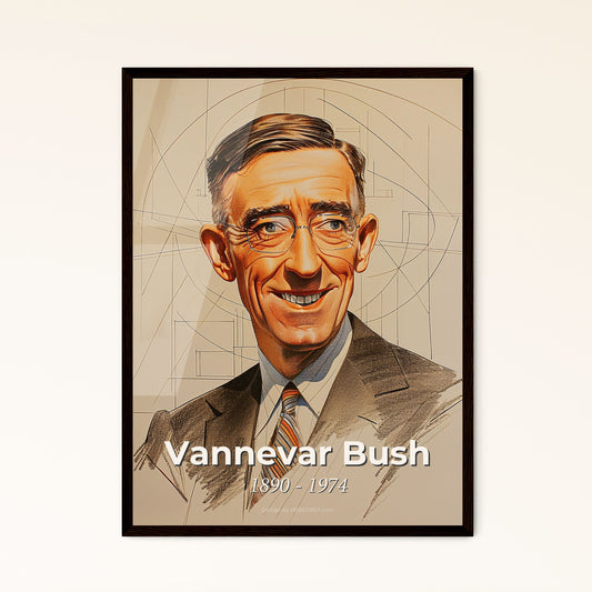 Vannevar Bush: Visionary of Innovation - Stunning Contemporary Art Print on Beige with Dynamic Lines & Elegant Hatching, Perfect Décor