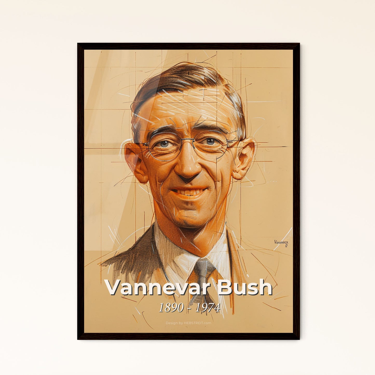 Timeless Visionary: Vannevar Bush Portrait - Contemporary Art Print on Beige, Dynamic Lines & Subtle Colors for Modern Décor