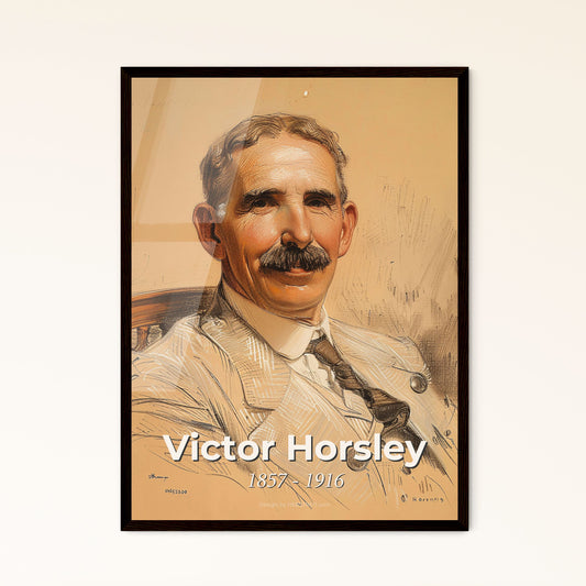 Victor Horsley: Pioneering Neurosurgeon - Elegant Contemporary Art Print with Dynamic Lines & Subtle Hatching on Beige Background