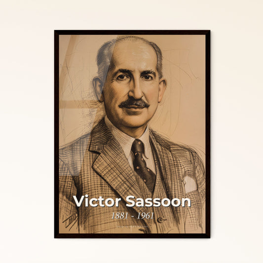 Victor Sassoon: Luxury Hotelier of Shanghai - Elegant Contemporary Portrait on Beige Paper, Framed, or Aluminum Print for Home Décor