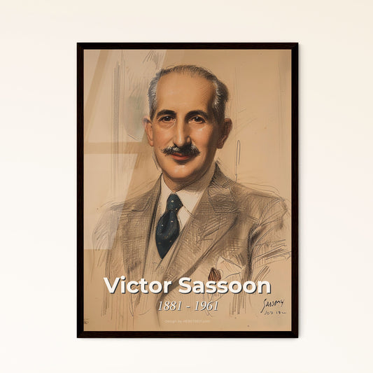 Elegant Tribute to Victor Sassoon: Iconic Hotelier of Shanghai - Contemporary Art Print with Dynamic Lines on Beige Background