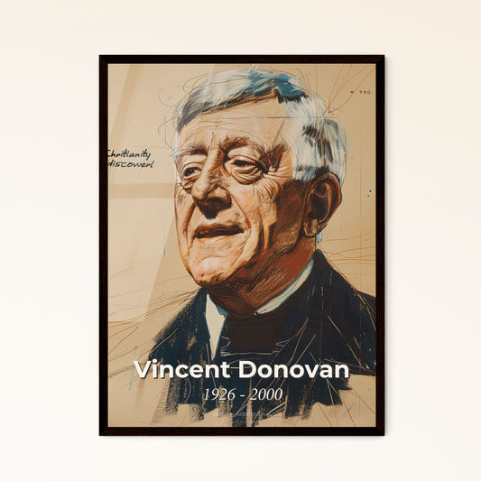 Vincent Donovan: Captivating Tribute to an American Missionary - A Striking Contemporary Portrait on Elegant Beige Canvas