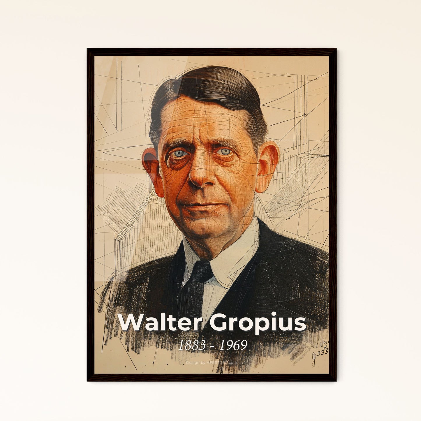 Bauhaus Visionary: Walter Gropius - A Captivating Contemporary Portrait in Luminous Hues & Dynamic Lines for Inspired Spaces