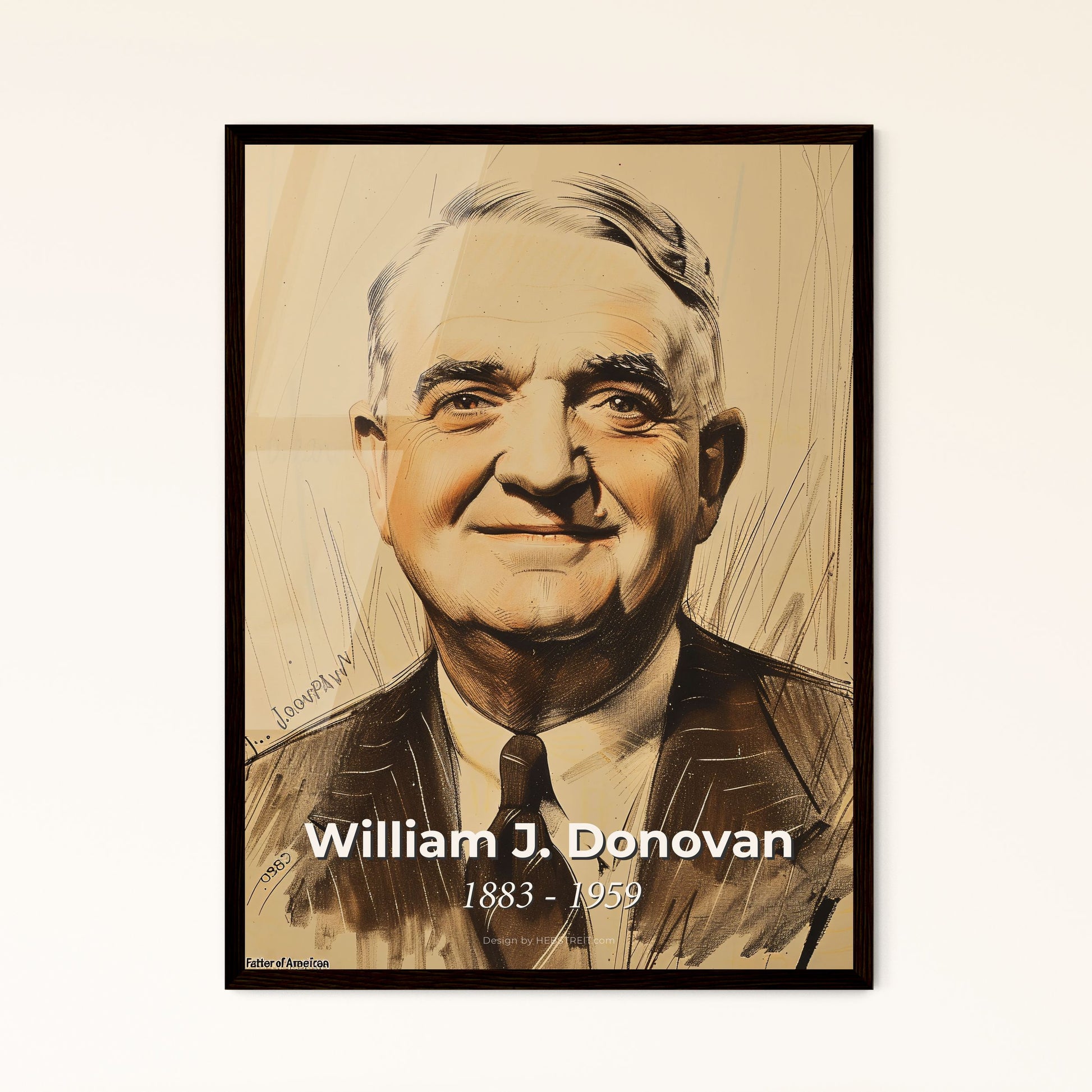 William J. Donovan: The Father of American Intelligence - Exquisite Contemporary Portrait on Beige, Dynamic Lines & Elegant Hatching