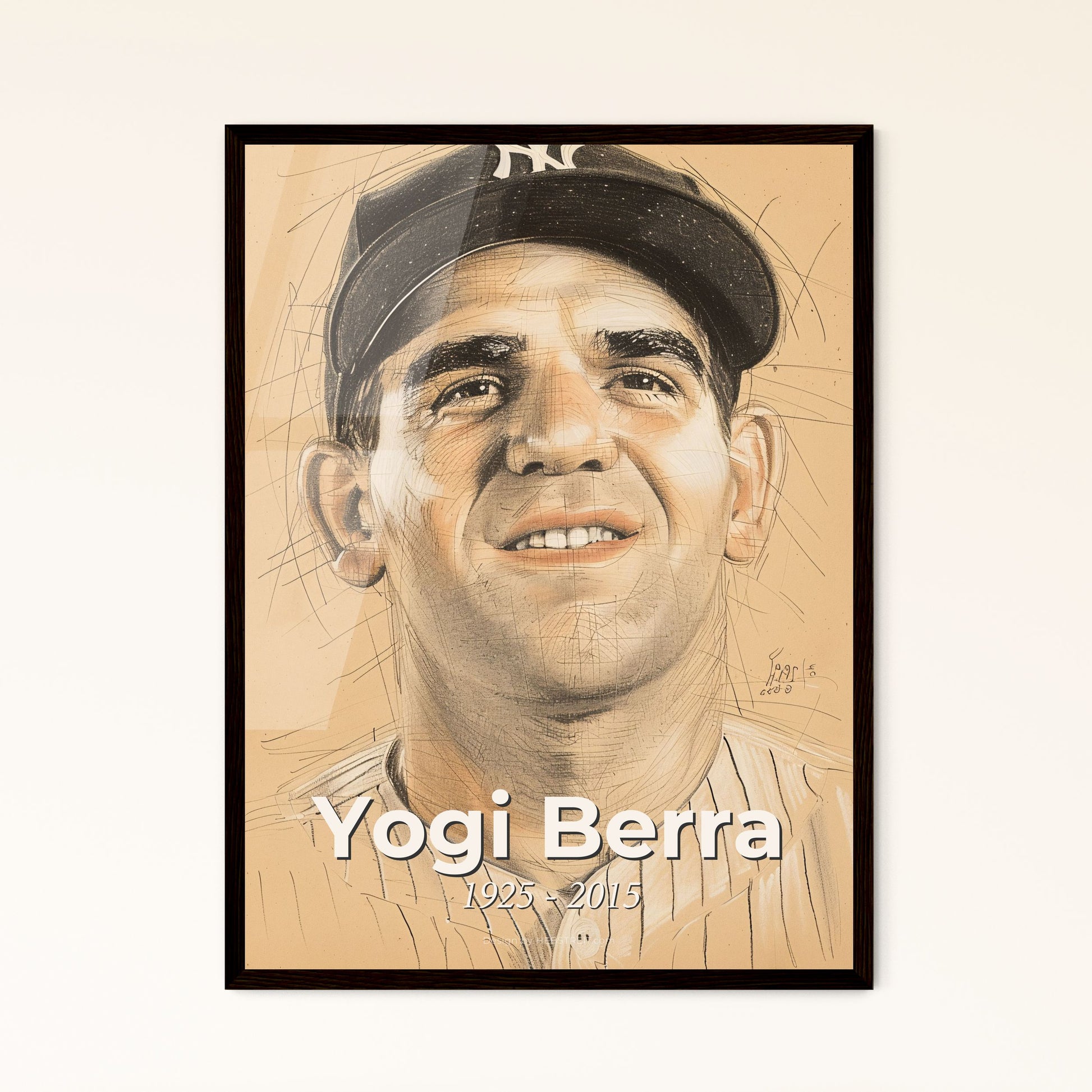 Yogi Berra: Timeless Tribute - Iconic Baseball Legend in Contemporary Art on Beige - Perfect Gift for Sports and Art Enthusiasts