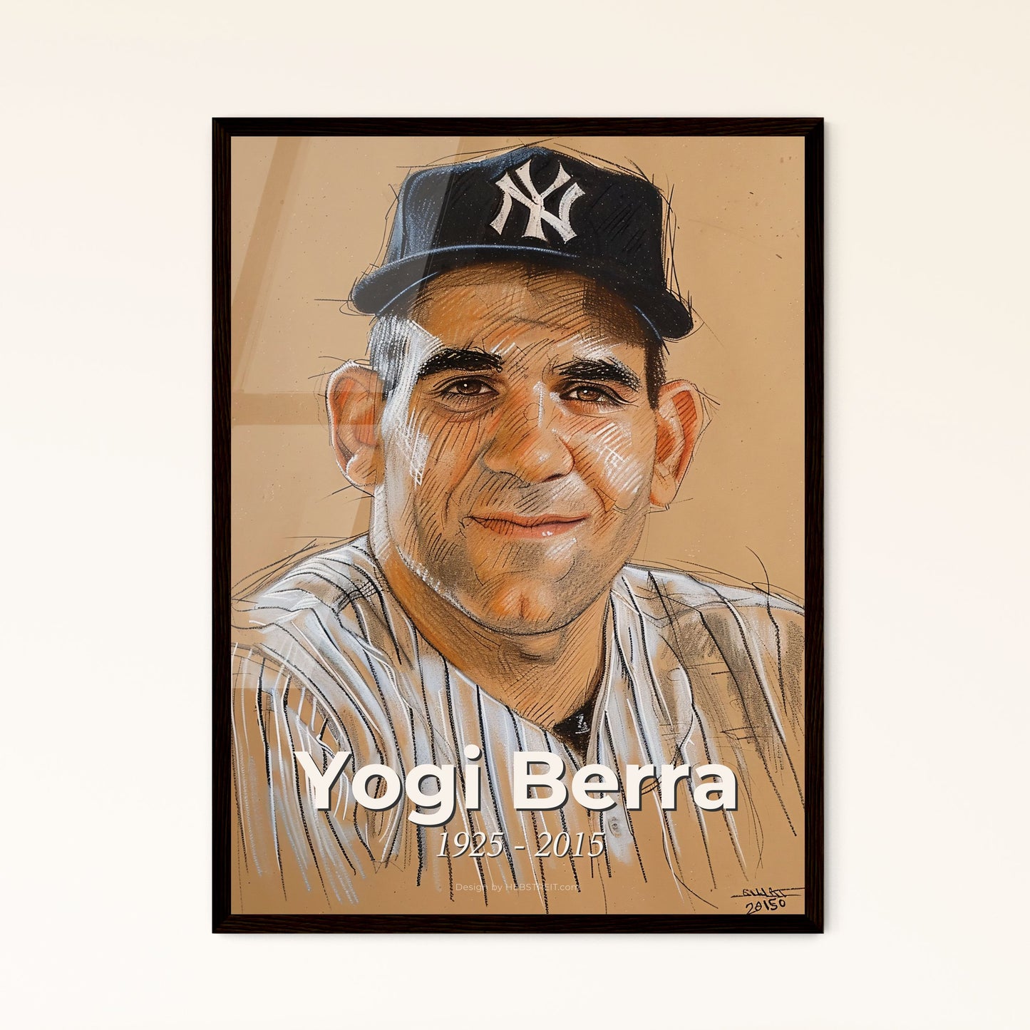 Yogi Berra: Iconic Baseball Legend - Contemporary Art Portrait on Bright Beige, Dynamic Lines & Elegant Hatching - A Striking Gift