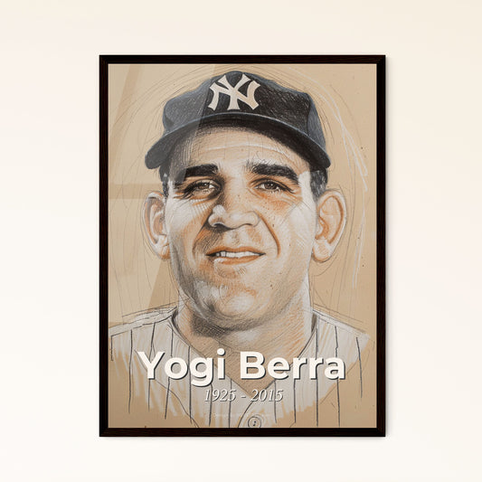 Yogi Berra: Iconic Baseball Legend - Captivating Contemporary Art Print on Beige with Dynamic Lines & Vivid Hatching - Gift or Decor