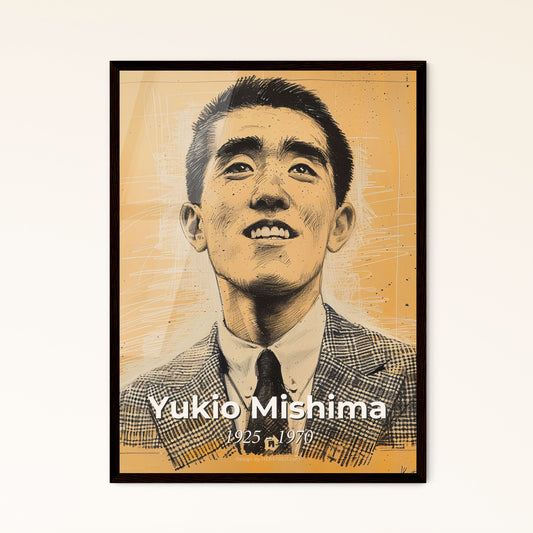 Yukio Mishima: Captivating Portrait of a Literary Icon - Contemporary Art Print on Beige with Dynamic Lines & Sensual Hatching