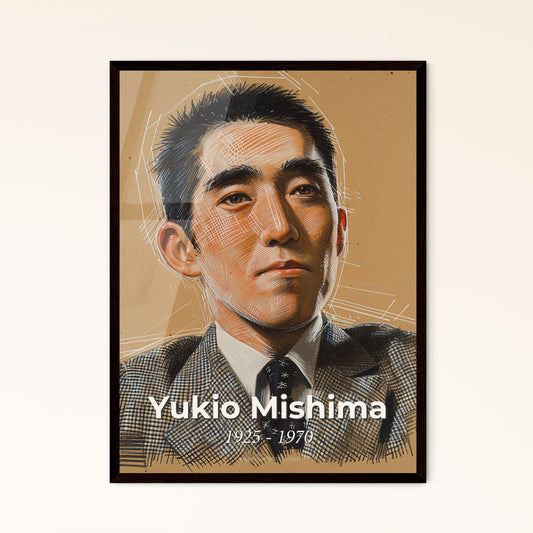 Yukio Mishima: Sensual Elegance - Contemporary Portrait on Beige with Dynamic Lines & Subtle Hatching, Perfect for Home Decor