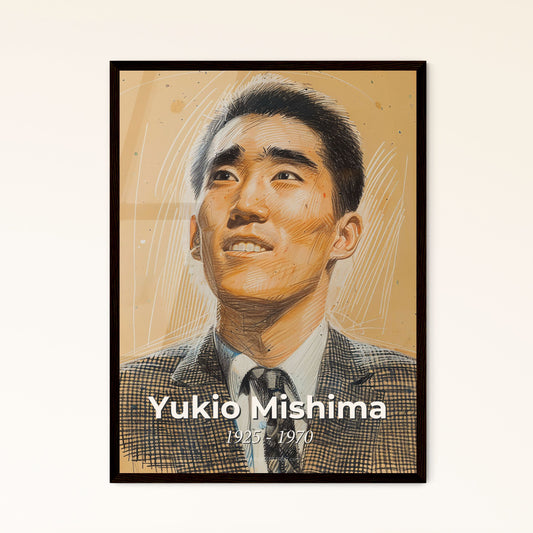 Yukio Mishima Portrait: Contemporary Art Print Celebrating Japanese Literary Icon's Sensuality & Politics on Elegant Beige Backdrop