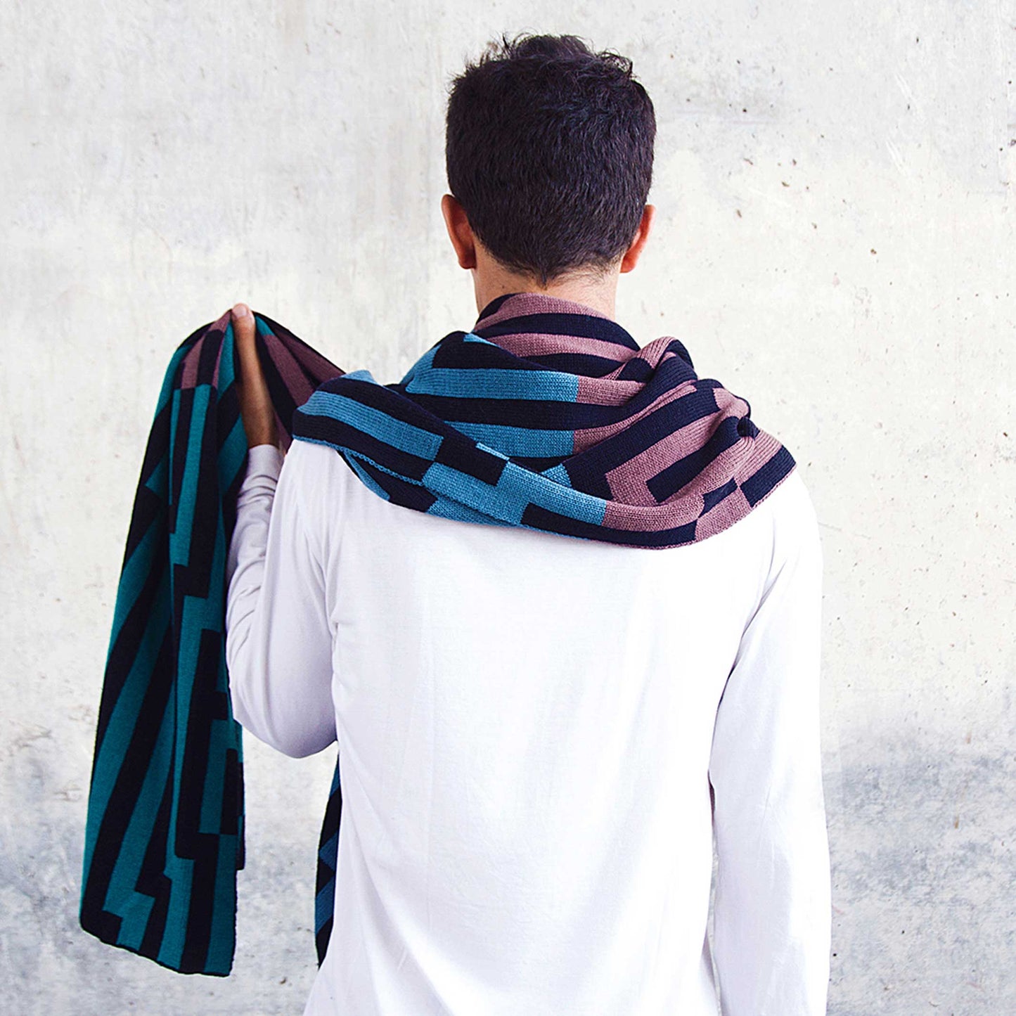 BITMAP ZOOM OUT 1 | Blue, Brown & Mint SCARF-STOLE | 194x64 cm | 100% Merino Wool | Cristian Zuzunaga