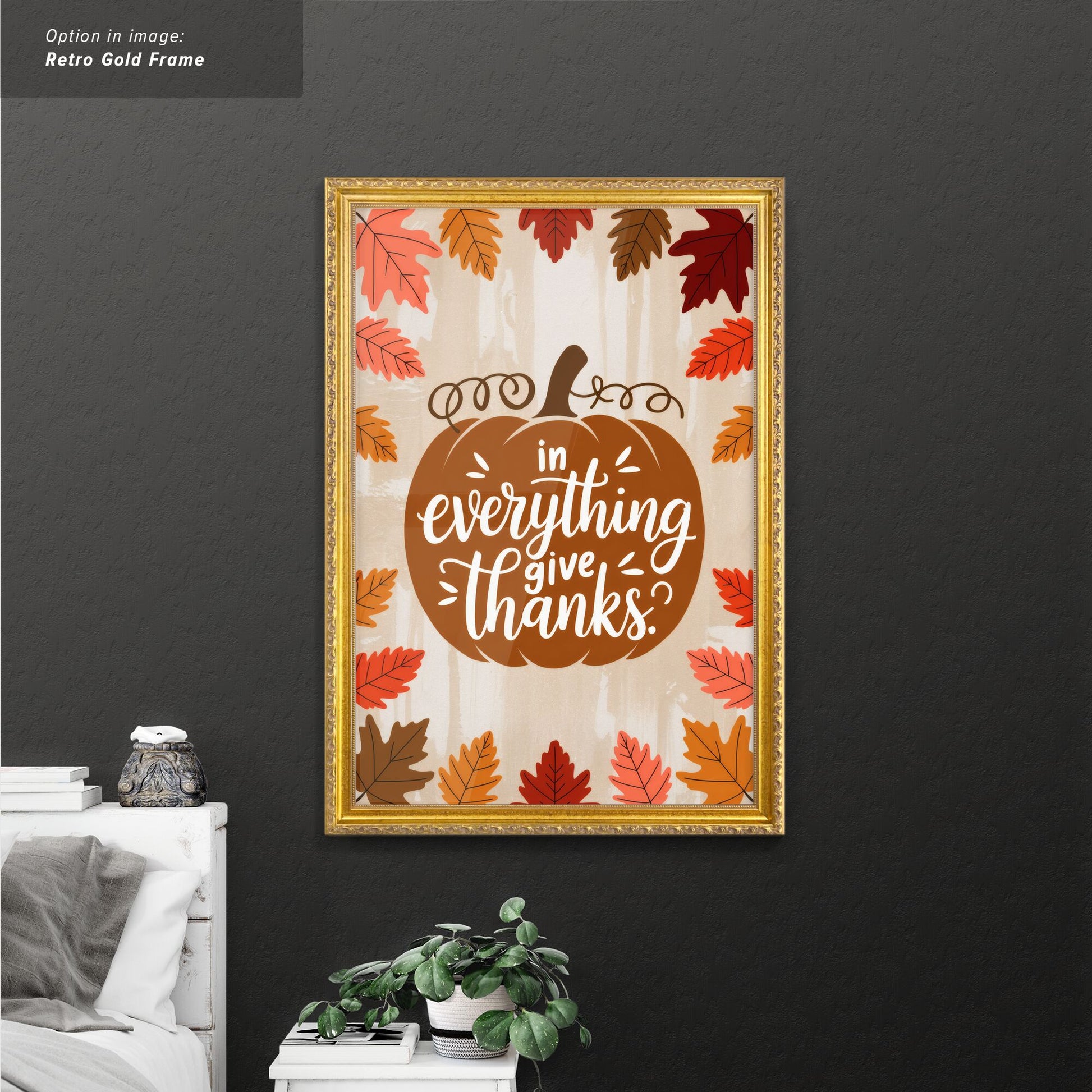 Fall themed Thanksgiving design with a pumpkin and leaves.