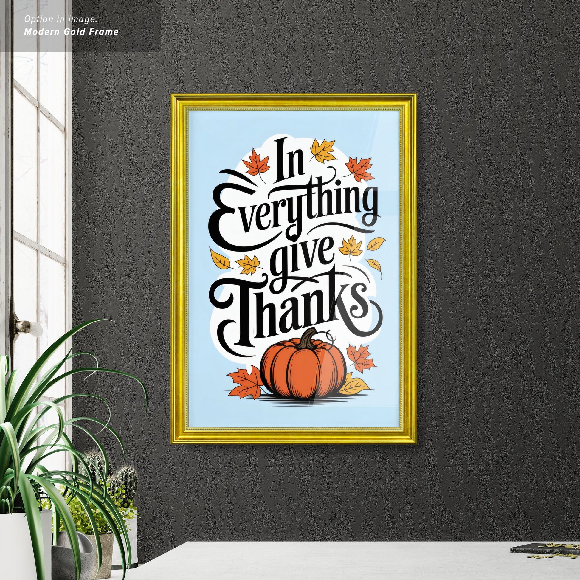 Thanksgiving-themed design with pumpkin and leaves