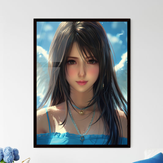 Stunning Fantasy Art: Vibrant Celestial Angel in Flight with White Wings, Light Blue Dress, Long Black Hair, Pale Skin, Blue and Cloudy Background Default Title