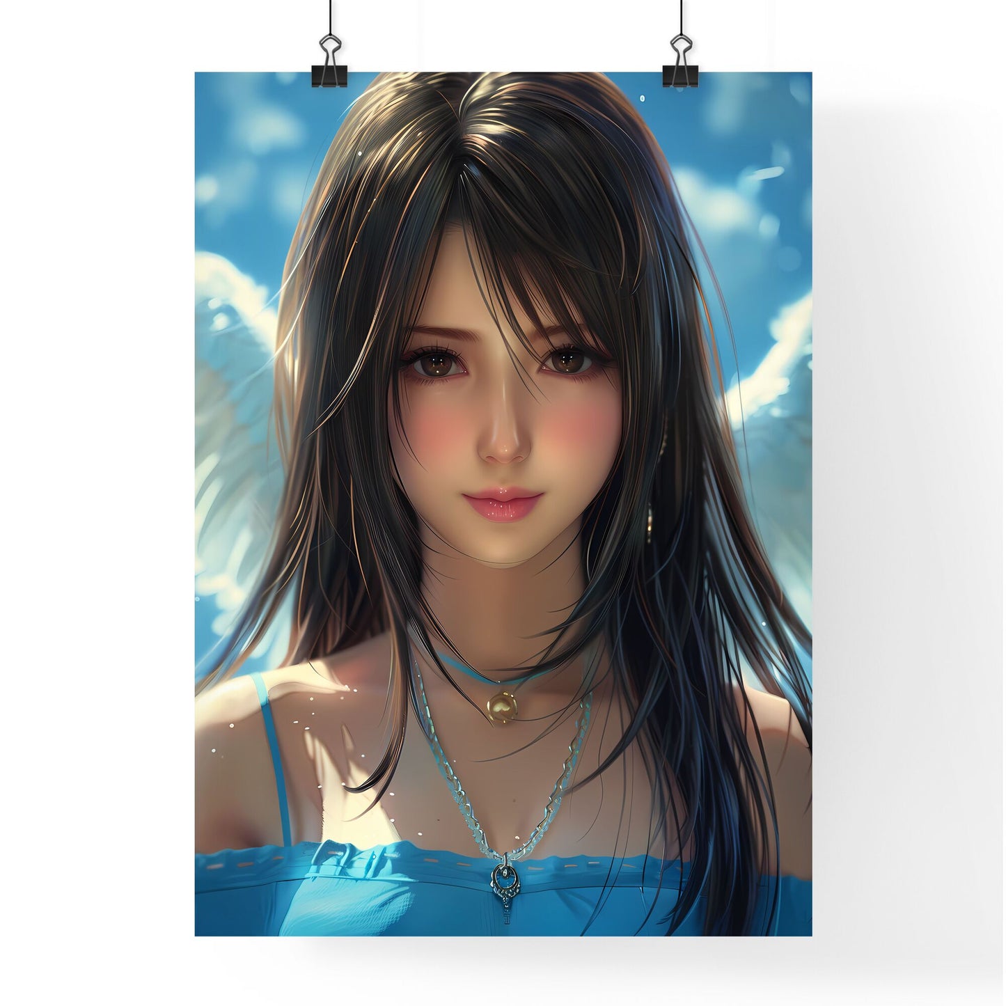 Stunning Fantasy Art: Vibrant Celestial Angel in Flight with White Wings, Light Blue Dress, Long Black Hair, Pale Skin, Blue and Cloudy Background Default Title