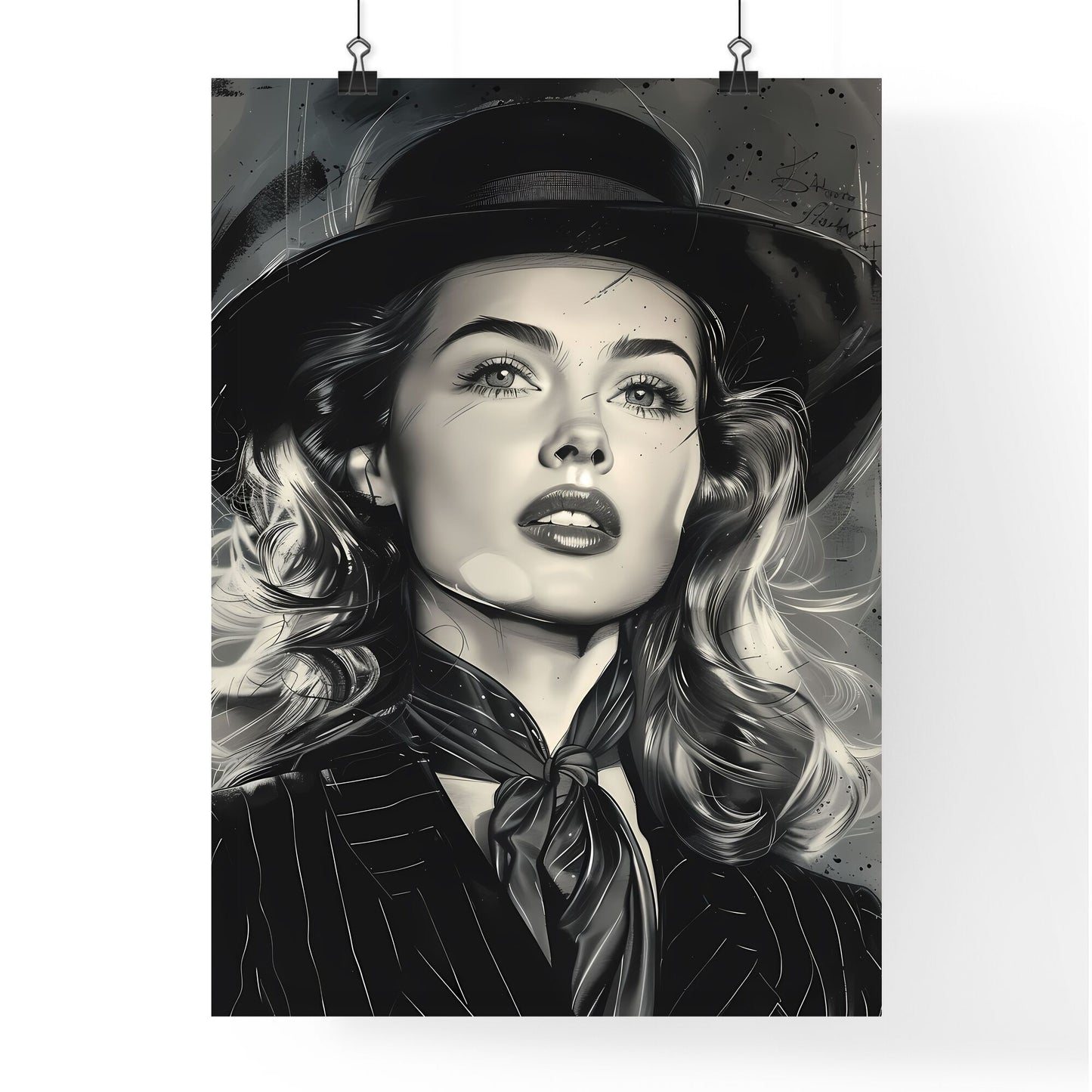 Monumental Noir-Style Black and White Painting of a Hatted Woman, Emphasizing Colorization and Artistic Detail Default Title
