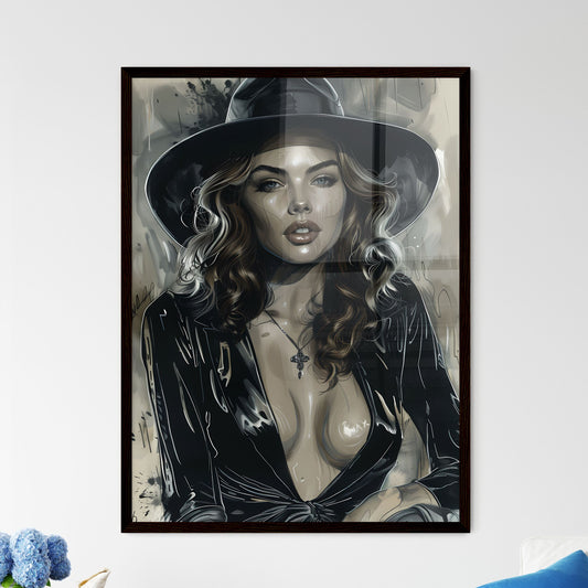 Monumental Noir Comic Art Painting of a Woman in a Hat, Dressed in Black and White, with Vibrant Colorization Default Title