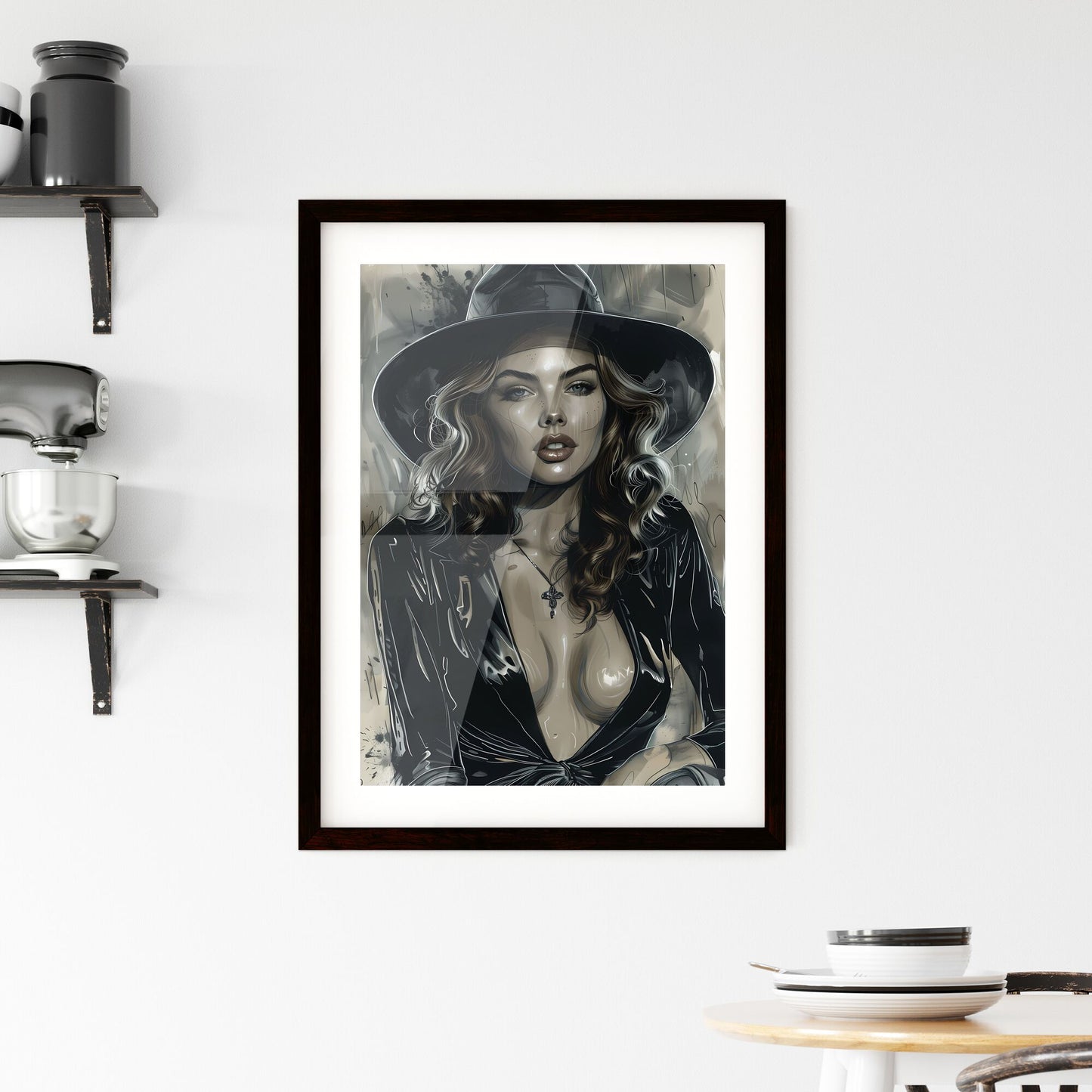 Monumental Noir Comic Art Painting of a Woman in a Hat, Dressed in Black and White, with Vibrant Colorization Default Title